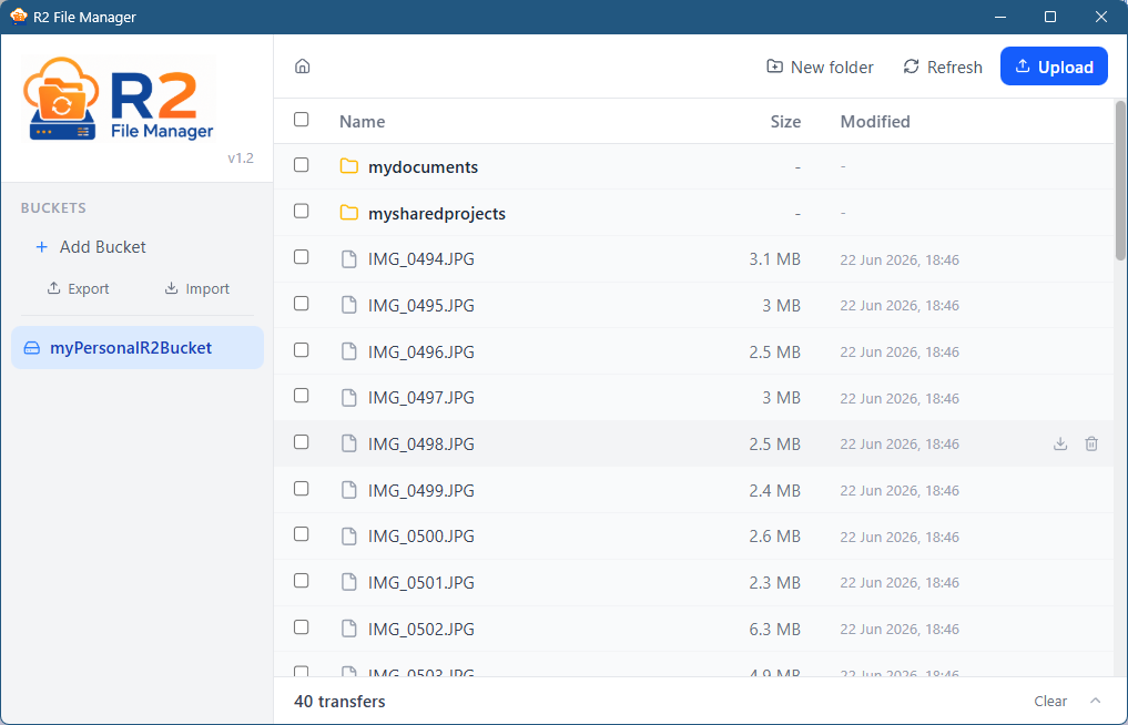 R2 File Manager - desktop app showing file browser with buckets and objects